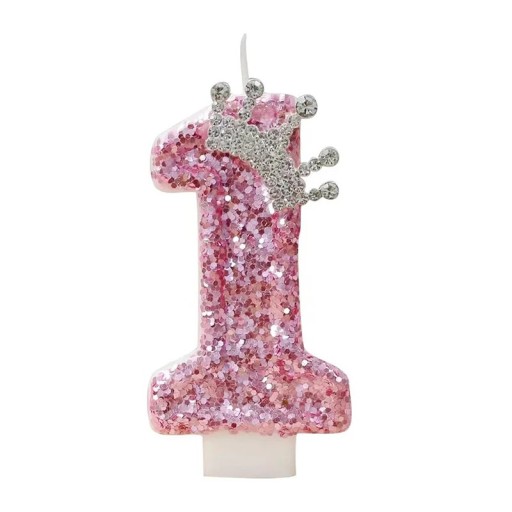 Rosa Geburtstagstortenkerze mit Zahl und Krone 7,5 cm Prinzessin Dekokerze für Mädchenparty Happy Birthday