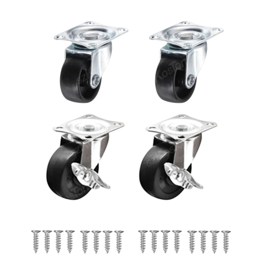 Rotițe de mobilă pivotante 16,5 mm, placă de montaj 44×35,6 mm, 2× cu frână + 2× fără frână, negru, capacitate de încărcare 66 kg, pentru dulapuri