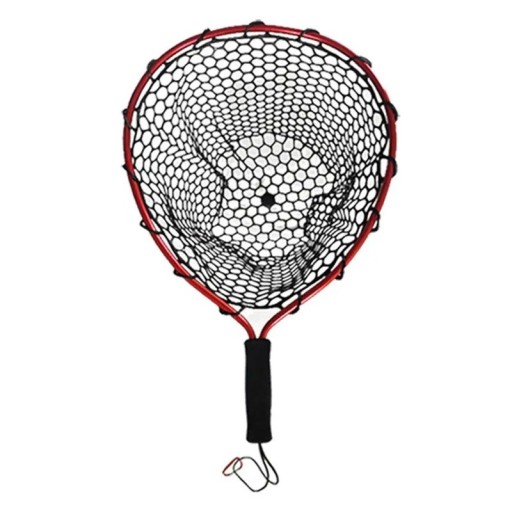 Rött gummerat fisklandningsnät 50 × 35 cm Slitstarkt mesh Robust konstruktion Lätt att hantera Säkert för fisk Ergonomiskt handtag