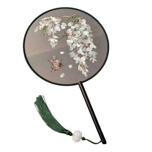 Round Fan Handheld Palace Fan with Double-Sided Embroidery 35 x 21 x 2 cm White Wisteria Design with Tassels Accessory for Hanfu and Wall Decoration