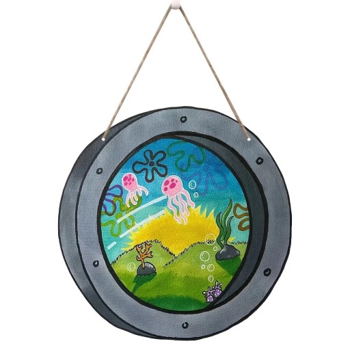 Round Wooden Wall Art with Frame 20 cm 2D Decoration Grey with Colourful Jellyfish Motif for Hanging in a Children's Room