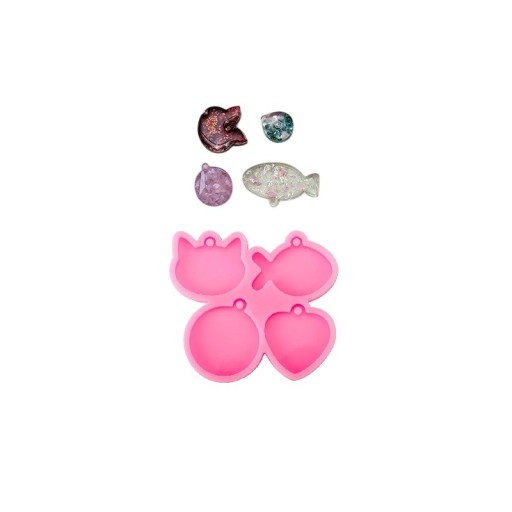 Roze siliconen mal 4 vormen Kat Vis Cirkel Hart 9,5 x 8,5 cm voor het gieten van hars Het maken van sleutelhangers decoraties en versieringen