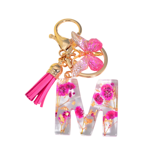 Roze sleutelhanger 5 cm Hars sleutelhanger met initialen en bloemen Decoratieve versiering voor tas rugzak cadeau voor vrouwen