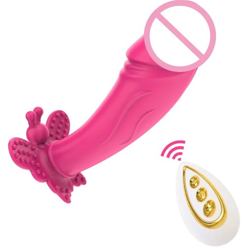Roze vibrator in de vorm van een realistische penis met stimulerende vlinder en afstandsbediening, discrete verpakking