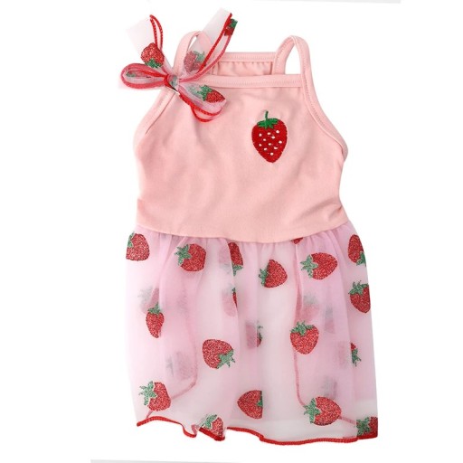Różowa sukienka dla małego psa z nadrukiem truskawek Rozmiar M 38 cm obwód klatki piersiowej 30 cm długość Uroczy letni strój dla psów 2,5–3 kg Różowa sukienka dla małego psa z nadrukiem truskawek Rozmiar M 38 cm obwód klatki piersiowej 30 cm długość Uroczy letni strój dla psów 2,5–3 kg