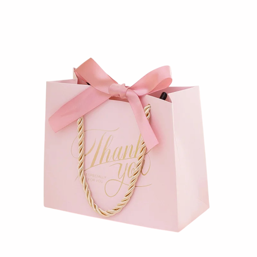 Rózsaszín papírdoboz ajándékhoz köszönöm neked felirattal és színes masnival 10,5x8,3x7,2 cm zsinórfül