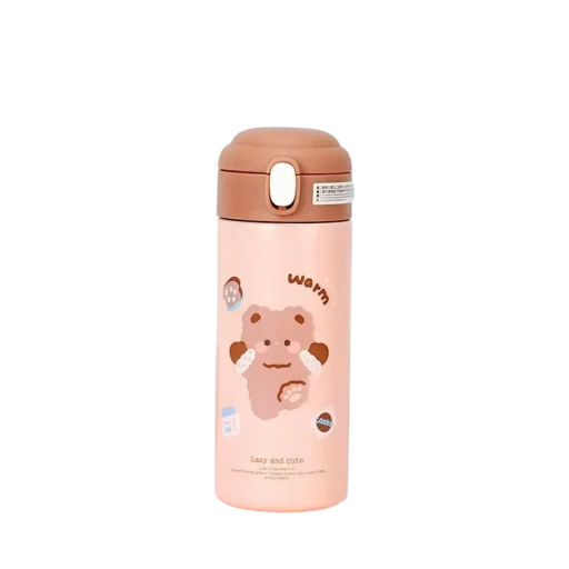 Rozsdamentes acél termosz szívószállal és gombbal 380 ml vákuumos palack 18 x 6,5 cm világos rózsaszín állatos mintával az útra és iskolába
