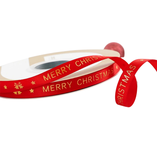 Ruban décoratif de Noël 1 cm x 5 mètres bordeaux avec l'inscription dorée Merry Christmas, Joyeux Noël, pour l'emballage cadeau