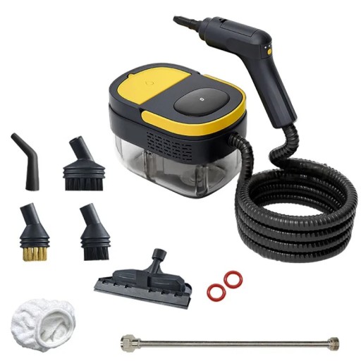 Ruční parní čistič 2500 W Nádrž 1600 ml Dlouhá hadice s pistolí Sada kartáčů a stěrka Prodlužovací tyč Žluto-černý Na digestoř i sklo auta