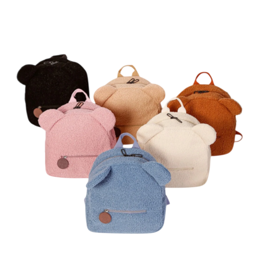 Rucsac mini de pluș 27 x 28 x 13 cm cu urechi de urs Buzunar frontal cu fermoar Material moale de pluș Rucsac pentru copii Accesoriu drăguț