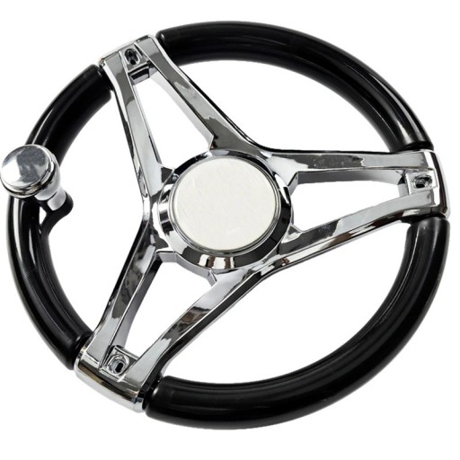 Rueda de timón con botón giratorio diámetro 34 cm de tres rayos brazos cromados corona negra para barco yate lancha motora y pesca