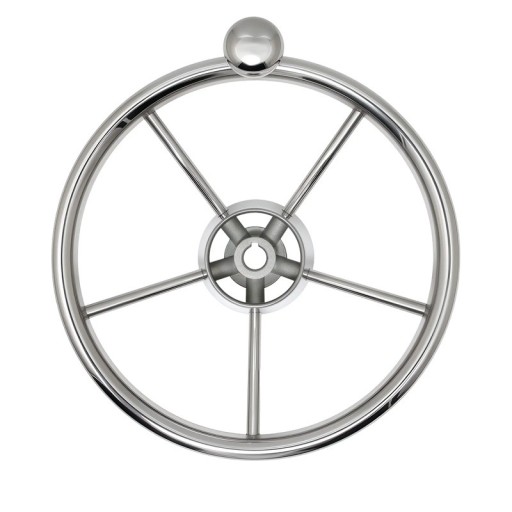 Rueda de timón de acero inoxidable de cinco rayos con bola giratoria diámetro 285 mm profundidad 80 mm buje 17 a 19 mm pulido plateado para barco y bote