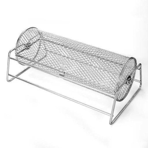 Rullende grillkurv i rustfrit stål 30 x 13 x 16 cm Roterende netcylinder til grillning af grøntsager, kød og tilbehør Grillkurv til ovn og på bål