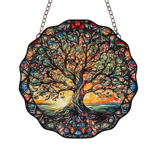 Rund akryll ornament Livets träd 15 x 15 cm Färgglad väggdekoration Universell dekoration för inomhus- och utomhusbruk