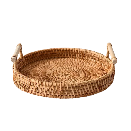 Rund flettet kurv med håndtag 24 cm rattan naturlig serveringsbakke til frugt, brød og dekorationer til hjemmet