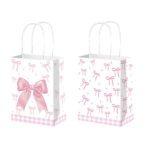 Růžová dárková taška s oboustranným potiskem 15x8x21 cm papír velká mašle vpředu a malé mašličky vzadu na dárky