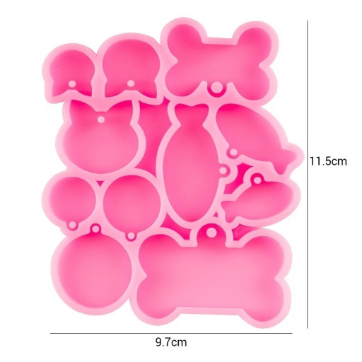 Růžová silikonová forma mix tvarů 11,5 x 9,7 cm ryba kost kočka ovál kolečka na odlévání pryskyřice výrobu přívěsků klíčenek a ozdob