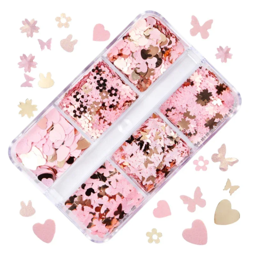 Růžové flitry 3–4g Sada 6 tvarů Třpytivé ozdoby na nehty, dekorace, tvoření, DIY design, scrapbooking, kosmetické zdobení