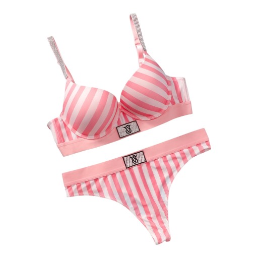 Růžovo-bílý pruhovaný set spodního prádla push up podprsenka s nastavitelnými kamínkovými ramínky a tanga se širokým hladkým pasem