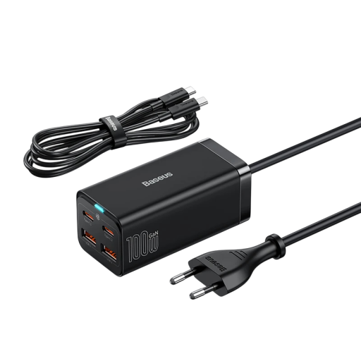 Rýchlonabíjačka 100W GaN 4 porty 2x USB-C 2x USB-A + kábel 100W EU zástrčka pre telefón tablet notebook nabíjanie