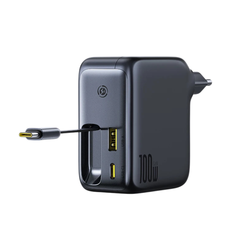 Rýchlonabíjačka 100W s retračným káblom 80 cm USB-C USB-A čierna kompaktná sieťová nabíjačka pre telefón tablet notebook