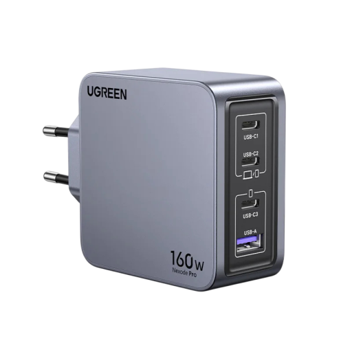 Rýchlonabíjačka 160W GaN 4 porty 3x USB-C 1x USB-A EU zástrčka šedá pre telefón tablet notebook rýchle nabíjanie