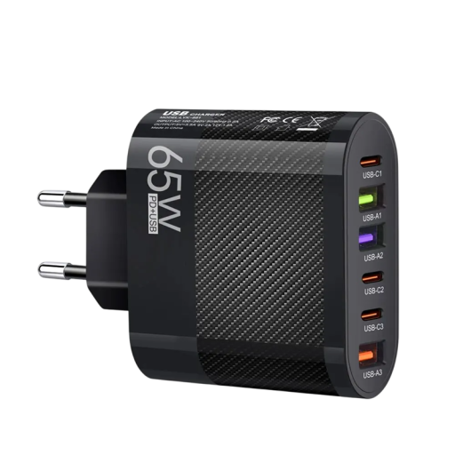 Rýchlonabíjačka 65W 6v1 s EU zástrčkou 3x USB C a 3x USB A porty nabíjací adaptér PD a QC3.0 pre telefóny 5V 3.1A sieťová nabíjačka 100–240V