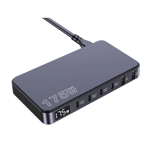 Rychlonabíjecí stanice 175W 6 portů USB-C USB-A GaN stolní nabíječka černá AC 100–240V pro telefon tablet notebook