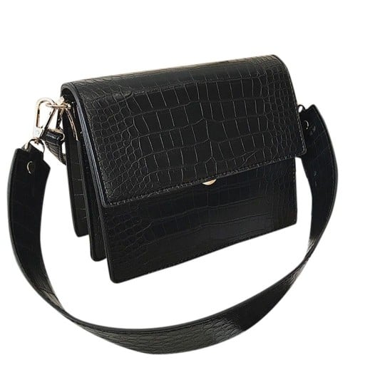 Sac à bandoulière noir pour femme avec rabat Motif en relief de peau de reptile Large bandoulière amovible dorée Mousquetons dorés 19 x 15 x 10 cm