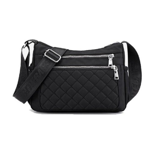 Sac à bandoulière pour femme Forme arrondie Plusieurs compartiments zippés Motif matelassé Large bandoulière réglable Nylon et polyester