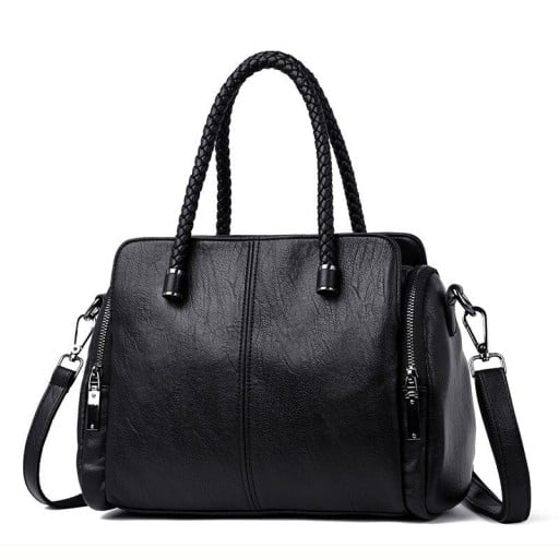 Sac à main en cuir pour femmes avec poignées tressées Bandoulière amovible Poches latérales zippées Cuir et polyester 30 x 23 x 11 cm