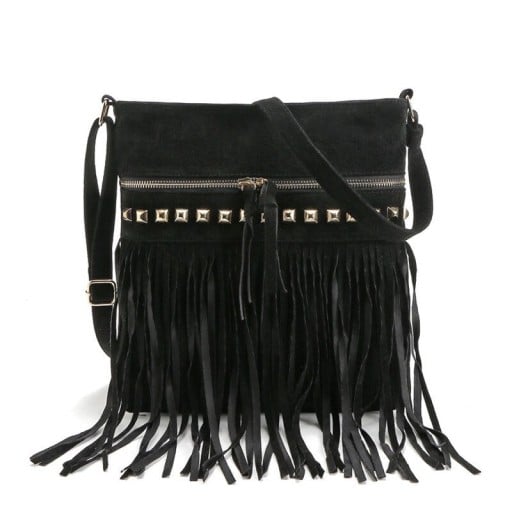 Sac à main en daim pour femme avec de longues franges Sac bandoulière avec bandoulière réglable Clous métalliques Poches zippées 27 x 29 cm