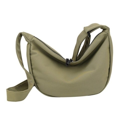 Sac à main en toile pour femmes Forme douce en croissant Fermeture éclair Sangle en tissu large Dimensions compactes 21 x 21 x 12 cm