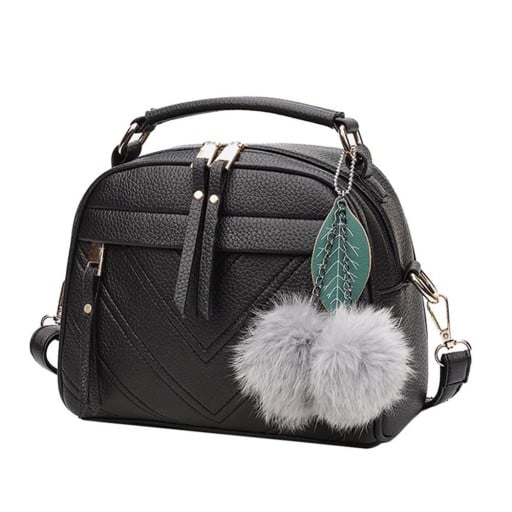 Sac à main et bandoulière pour femmes Pompons décoratifs avec feuille Couture en V Poche avant zippée Forme arrondie Cuir PU grainé