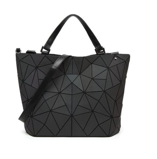 Sac à main holographique pour femmes à porter à la main ou en bandoulière Forme trapézoïdale Motif géométrique en triangles Matériau en cuir PU