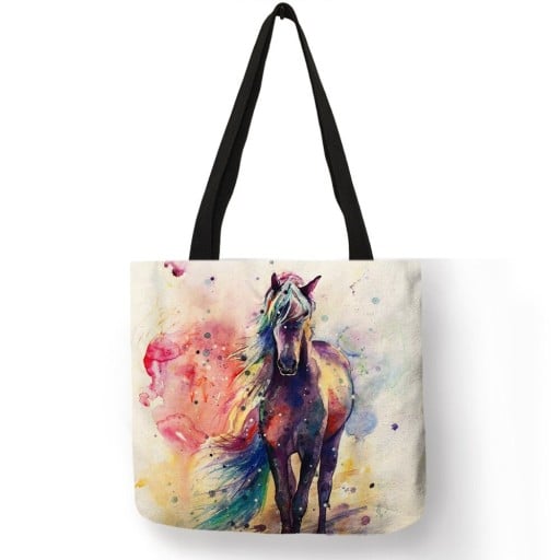 Sac à main pour femme avec motif aquarelle de cheval en lin et polyester Forme carrée de 40 x 40 cm Longues anses noires Impression artistique