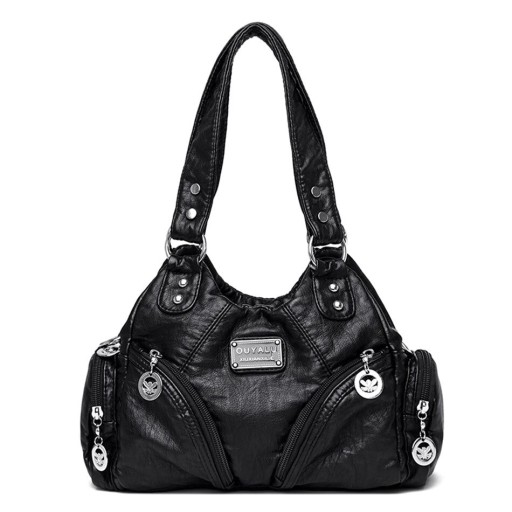 Sac à main pour femme en simili cuir Style vintage Plusieurs poches zippées Breloques métalliques décoratives Dimensions 29 x 22 x 11 cm