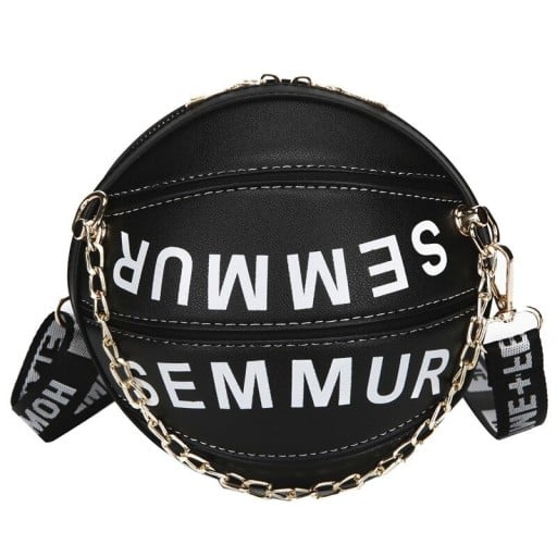 Sac à main rond pour femme 20 x 19 cm En forme de ballon de basket Avec une large bandoulière et une chaîne décorative Inscription marquante