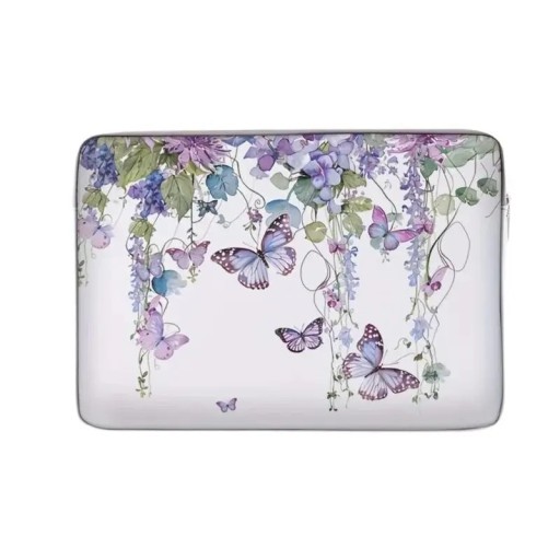 Sac à ordinateur portable souple 38 x 26 cm avec fermeture éclair et motif de fleurs et de papillons violets sur fond clair à porter à la main ou dans un sac à dos