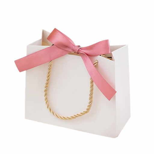Sac de cadou din hârtie albă cu fundă colorată 10,5x8,3x7,2 cm cu mânere din sfoară formă rigidă pentru ambalarea cadourilor și a micilor obiecte