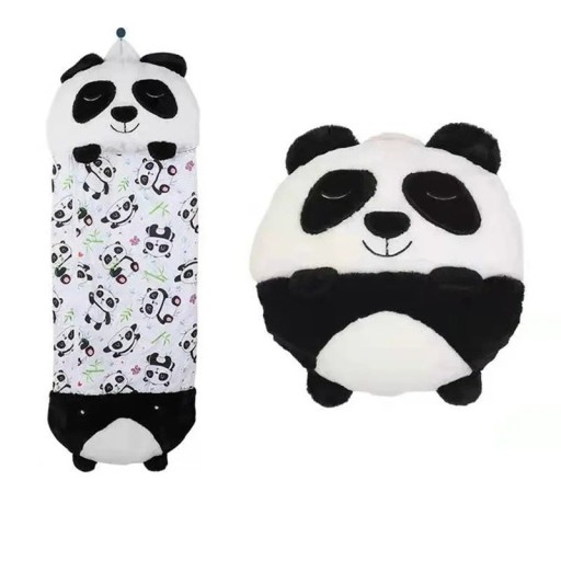 Sac de couchage pour enfants en dessin animé 135 x 50 cm, noir et blanc avec motif de panda, avec fermeture éclair, coussin intégré et poignée