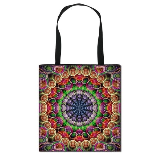 Sac de courses pour femmes avec impression colorée de mandalas et d'ornements Sac en polyester avec deux anses noires Dimensions 34,5 x 33,5 cm