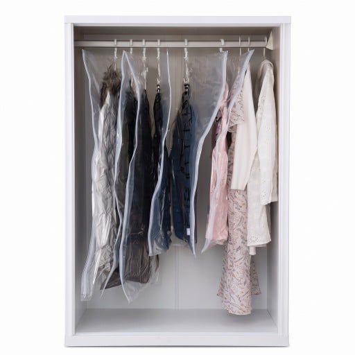 Sac de depozitare vacuum suspendat cu ventil și cârlig 135x70 cm, PE+PET, transparent, pentru haine, costume, paltoane și jachete în dulap
