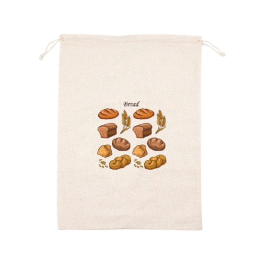 Sac de pâine din in cu șnur de strângere 30x40 cm bej cu motiv de produse de panificație, sac textil pentru depozitarea pâinii și a covrigilor