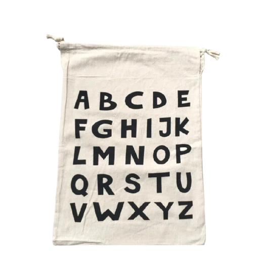 Sac en lin pour le linge et les jouets avec cordon de serrage 45x61 cm en coton et lin sac beige avec impression de l'alphabet pour le rangement