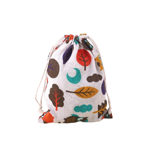 Sac en tissu avec cordon de serrage 25x31 cm en lin clair avec impression colorée de feuilles et de formes pour le rangement d'objets et l'emballage de cadeaux
