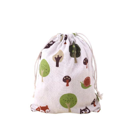 Sac en tissu avec cordon de serrage 25x31 cm en lin clair avec impression d'arbres et de motifs forestiers pour le rangement d'objets et l'emballage de cadeaux