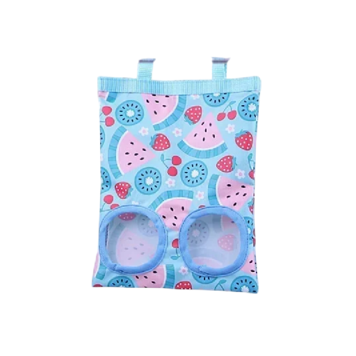 Sac pentru fân pentru rozătoare 18 x 22,5 cm Sac de hrănire suspendat albastru cu 2 deschideri cu model de fructe roz pentru iepuri, porcușori de guineea, chinchilla