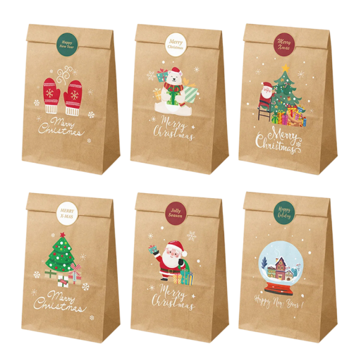 Sacchetti regalo di Natale 24 pz 22 x 12 x 8 cm Sacchetti di carta retro con motivi natalizi Cartone con adesivi 6 tipi