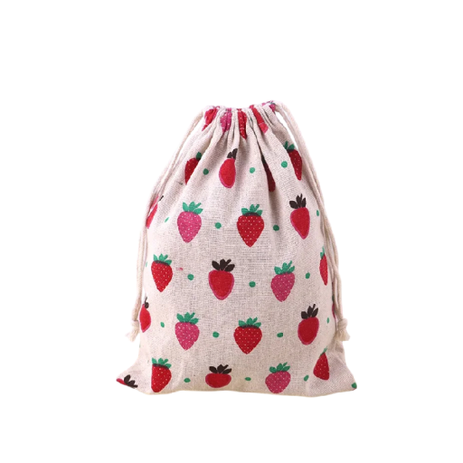 Sacchetto di stoffa con coulisse 25x31 cm in lino chiaro con stampa di fragole rosse per riporre oggetti, organizzazione e confezionamento regali